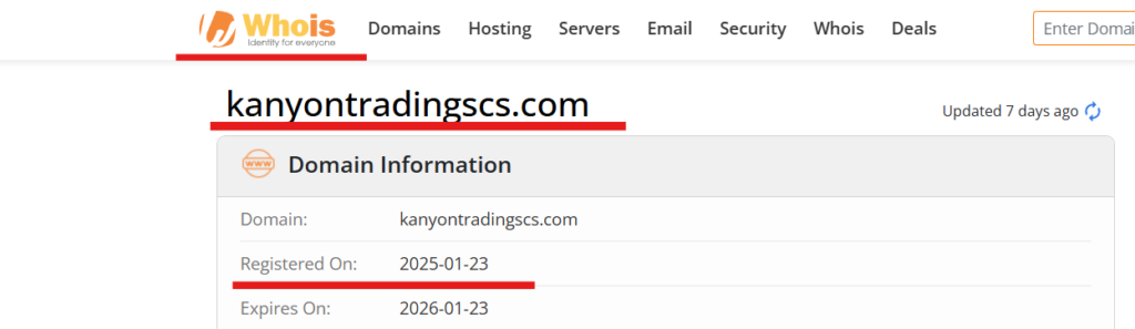 Брокер Kanyon Trading SCS использует домен kanyontradingscs.com, зарегистрированный 23 января 2025 года. WHOIS-данные скрыты, владельцы анонимны. Регион регистрации — Hangzhou, Китай. Платформа позиционируется как брокерская, но отсутствуют лицензии и регистрационные документы.