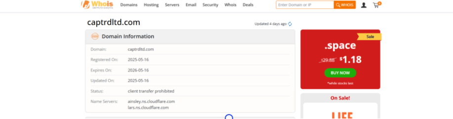 Screenshot of domain registration data from WHOIS lookup
