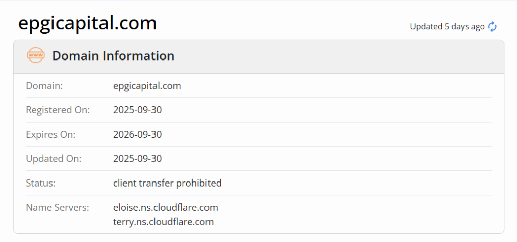 скриншот данных о домене epgicapital.com